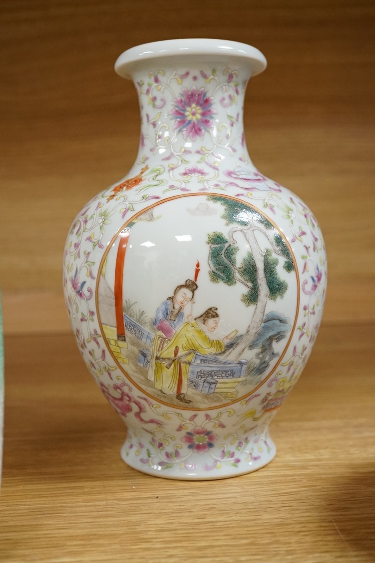 A Chinese famille rose vase, a powder box and an enamelled vase, largest 21cm high